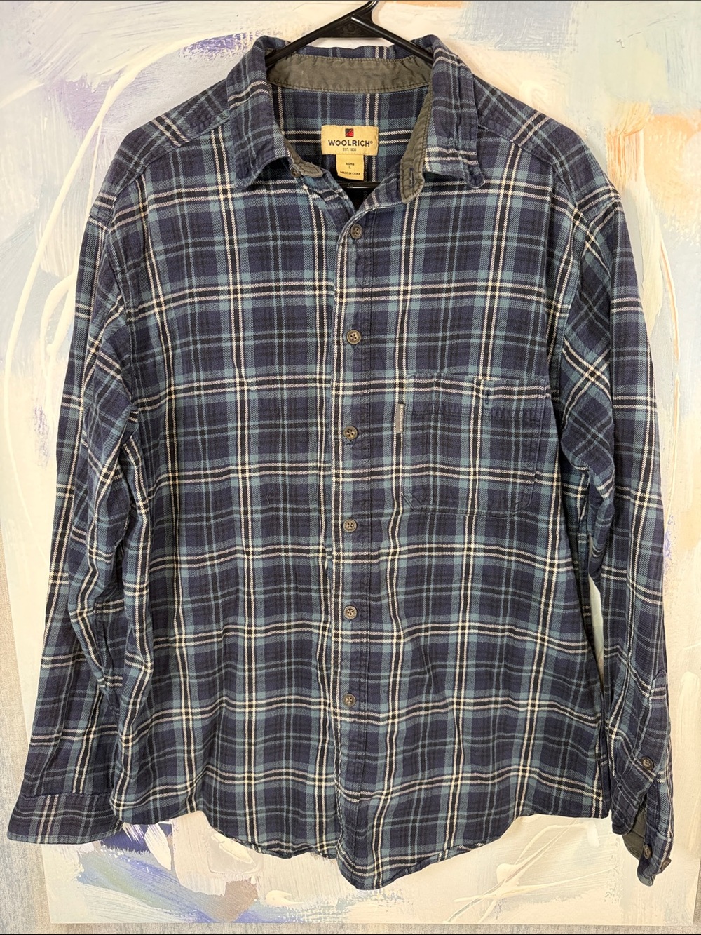 Woolrich Men’s Blue Plaid Button Up Shirt L 100% Cotton Dusk Flannel